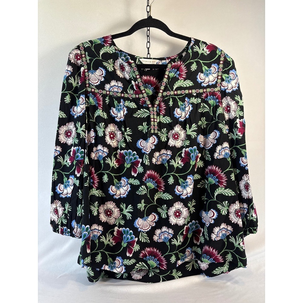 Crown & Ivy Floral Cottagecore Blouse Black XL Balloon Sleeve Top